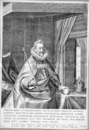 Bildnis des Kaisers Matthias mit den Krönungsinsignien Krone, Zepter und Reichsapfel