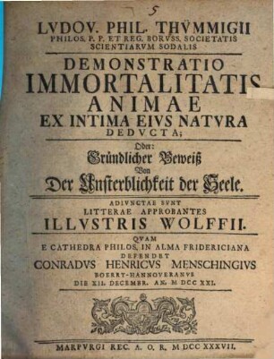 Demonstratio immortalitatis animae ex intima eius natura deducta : adiectae sunt litterae approbantes Ill. Wolfii