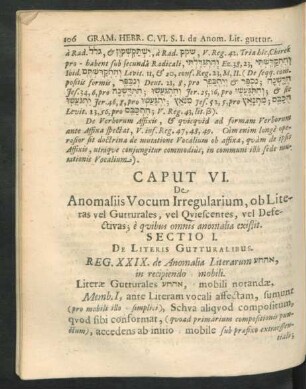 Caput VI. De Anomaliia Vocum Irregularium, ob Litera vel Gutturales, vel Quiescentes, vel Defectivas ...