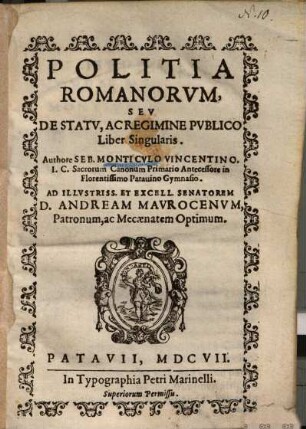 Politia Romanorum Seu De Statu Ac Regimine Publico Liber Singularis