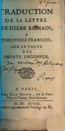 Traduction de la lettre d'Eusebe Romain à Theophile François sur le culte de Saints inconnus