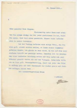 Brief an Fritz Jürgens : 25.01.1911