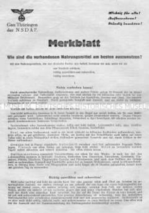 Merkblatt der Thüringer NSDAP zum sparsamen Verbrauch von Lebensmitteln