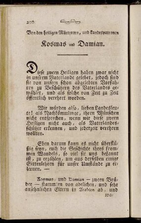 Von den heiligen Märtyrern, und Landespatronen Kosmas und Damian.