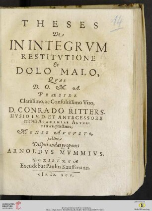 Theses De In Integrvm Restitvtione Ex Dolo Malo