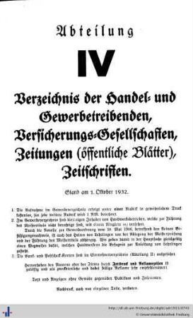 Abteilung IV. Verzeichnis der Handel- und Gewerbetreibenden, sowie andere Berufsarten. Versicherungsgesellschaften. Zeitungen und Zeitschriften, Geschäftsempfehlungen.