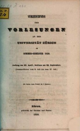 Verzeichnis der Vorlesungen, Behörden, Dozenten und Institute. 1850. SS