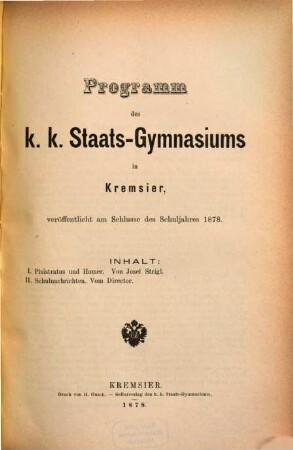 Programm des K.K. Staats-Gymnasiums in Kremsier : veröffentlicht am Schlusse des Schuljahres ..., 1877/78