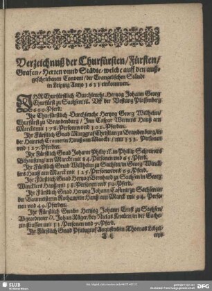 Verzeichnuß der Churfürsten, Fürsten, Grafen, Herren, unnd Städte, welche auff den außgeschriebenen Convent, der Evangelischen Stände in Leipzig Anno 1631 einkommen