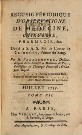 Recueil périodique d'observations de médecine, de chirurgie et de pharmacie. 7. 1757
