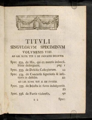 a2r-a4v, Tituli Singulorum Speciminum Voluminis VIII.