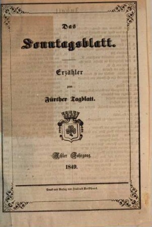 Fürther Tagblatt. Sonntagsblatt : Erzähler zum Fürther Tagblatt, 1849 = Jg. 8