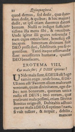 Erotema VIII. Cur mala sint; si DEUS optimus?