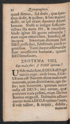 Erotema VIII. Cur mala sint; si DEUS optimus?