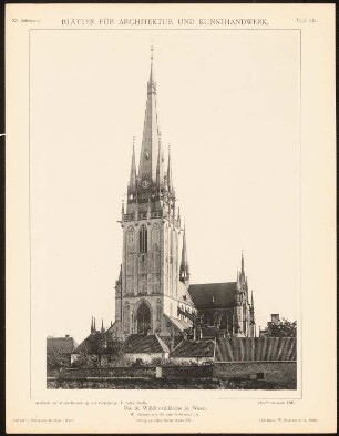 St. Willibrord, Wesel: Ansicht von Südwesten (aus: Blätter für Architektur und Kunsthandwerk, 11. Jg., 1898, Tafel 112)