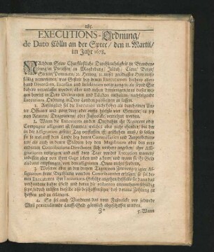 Executions-Ordnung/ de Dato Cölln an der Spree/ den 11. Martii/ im Jahr 1678.