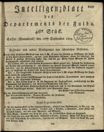 46tes Stueck, (Sonnabend) den 16ten September 1809