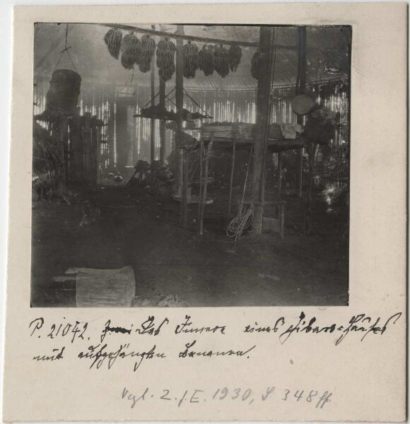 The interior of a Jívaro house (Shuar) with bananas hanging from the ceiling