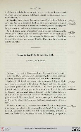 Séance du Comité du 15 novembre 1869