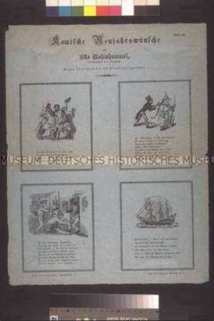 Satirisches Flugblatt (Serie): Komische Neujahrswünsche (Ullo Bohmhammel); Bogen III (Tonpapier blau); undatiert