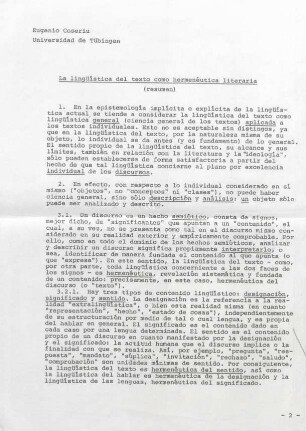 La lingüística del texto como hermenéutica literaria : Vortrag; Notizen