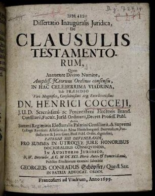 Dissertatio Inauguralis Iuridica, De Clausulis Testamentorum