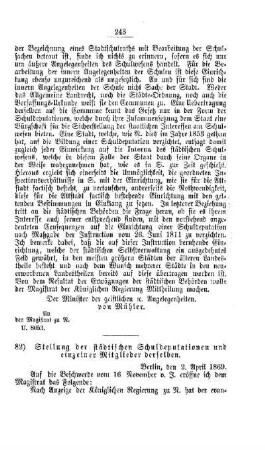 Stellung der städtischen Schuldeputationen und einzelner Mitglieder derselben : [V. Elementarschulwesen]