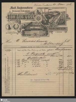 Mech. Seidenweberei und Mechanische Deckenweberei Joh. Aug. Voss, Hohenstein in Sachsen, Hohenstein-Ernstthal : Rechnung