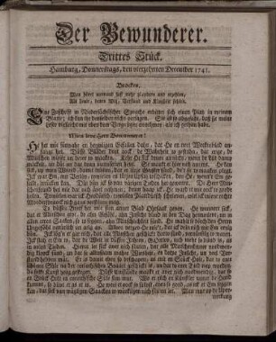 Drittes Stück. Hamburg, Donnerstags, den vierzehnten December 1741.