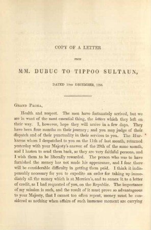Copy of a letter from M. M. Dubuc to Tippoo Sultaun ...