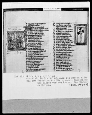 Weltchronik des Rudolf von Ems — Textseite mit drei Miniaturen, Folio 39verso