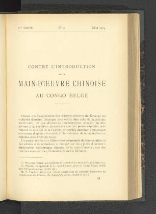 Contre L'Introduction De La Main-D'OEuvre Chinoise Au Congo Belge.