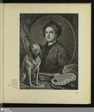 Selbstbildnis mit Hund. Kupferstich nach dem Gemälde von 1745, 1749