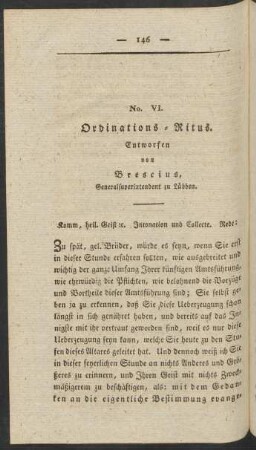 No. VI. Ordinations-Ritus. Entworfen von Brescius, Generalsuperintendent zu Lübben