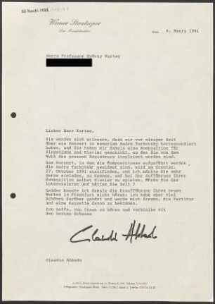 Brief an György Kurtág, 06.03.1991