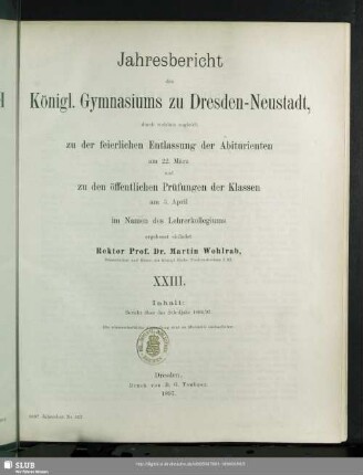23.1896/97: Jahresbericht des Königl. Gymnasiums zu Dresden-Neustadt : Schuljahr Ostern ... bis Ostern ...