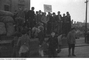 Dresden, Striesen, Fetscherplatz. "Volksaktion für Neubauern", beteiligt: Kommunales Wirtschaftsunternehmen (KWU) Jugendwerkstätten. Ziegelbergung für Neubauernhöfe im Kreis Dresden, 27. März 1949