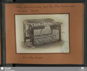 Kettengarn-Spulmaschine, einseitig, liegende Spulen, Frictions-Trommelbetrieb der Spulen, Haspel unterhalb. System No. 3