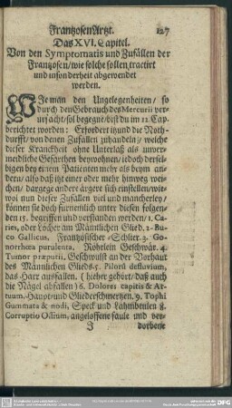 Das XVI. Capitel. Von den Symptomatis und Zufällen der Frantzosen, wie solche sollen tractirt und insonderheit abgewendet werden