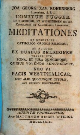 Meditationes et desertore catholico ordinis religiosi ad aliam ex duabus religionem transeunte
