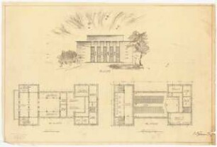 Konzerthaus: Vorderansicht 1:150, Grundriss Erdgeschoss, Obergeschoss 1:200