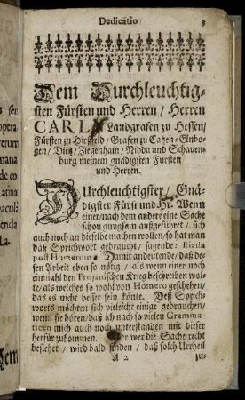 Dem Durchleuchtigsten Fürsten und Herren, Herren Carl, Landgrafen zu Hessen [...]