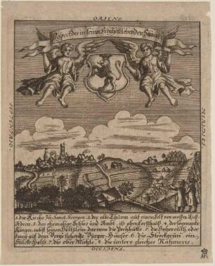 Stadtansicht von Schöneck im Vogtland, mit Wappen und Engeln und Legende, aus der Monatsschrift Zittauisches Tagebuch