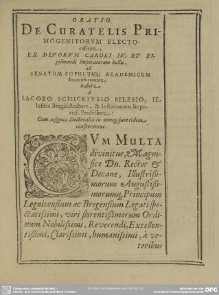 Oratio De Curatelis Primogenitorum Electoralium ...