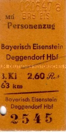 Fahrkarte für den Personenzug Bayerisch Eisenstein