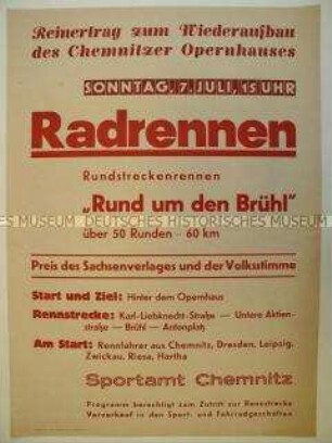 Maueranschlag mit Ankündigung eines Radrennen in Chemnitz zugunsten des Wiederaufbaus des Opernhauses