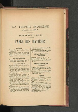 La Revue Indigène. Année 1912- Table des Matières.