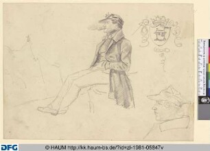 Sitzender junger Mann (Ganzfigur und Kopf im Profil); Wappen mit zwei Glocken