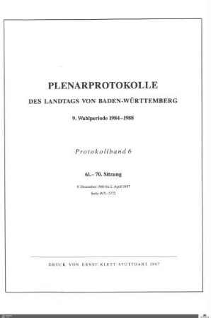 56: Landtag Baden-Württemberg, Protokolle, 1986-1987, Bd. 6