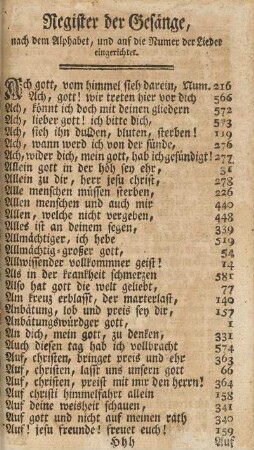 Register der Gesänge, nach dem Alphabet, und auf die Numer der Lieder eingerichtet